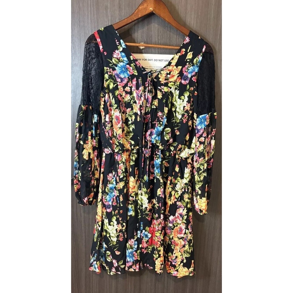 Betsey Johnson Dress Womens 8 Floral Lined Balloon‎ Lace Sleeves Black Pink